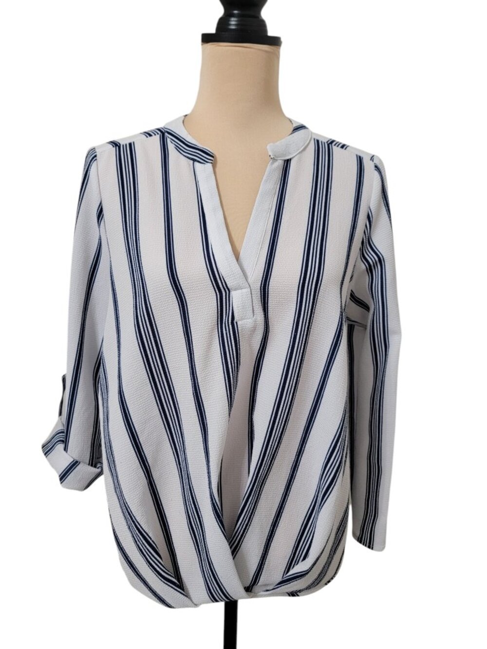 Always Indigo Size L White with Blue Striped, Twisted Front Blouse